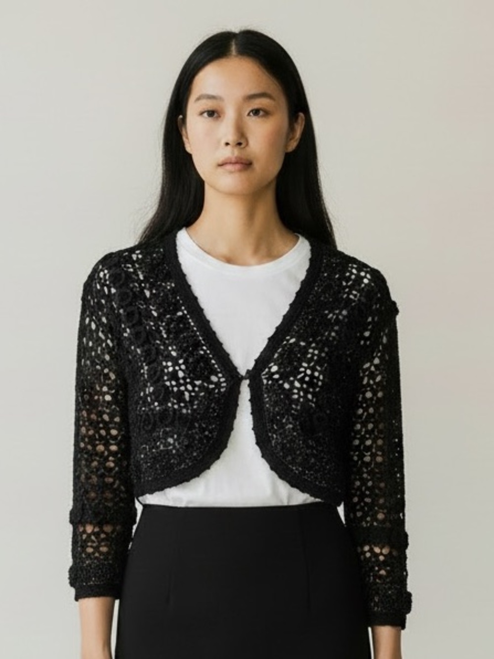 Vintage Y2K Black Crochet Floral Women’s Sparkly Bolero Shrug Sweater, Medium